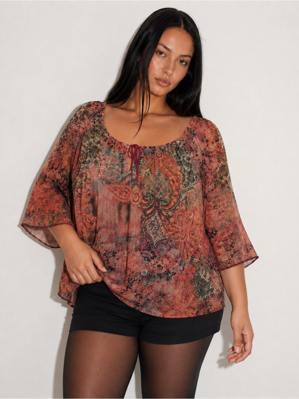 Unique Spectrum 3X Women’s Boho Paisley Sheer Chiffon Top Flowy Bell Sleeve NWT
